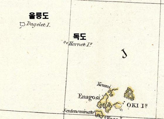 米国スタンフォード大学図書館に所蔵中の日本全図（英国、１８８２）に鬱陵島（ウルルンド）と独島（ドクト）がそれぞれ「Ｄａｇｅｌｅｔ　Ｉ．」と「Ｈｏｒｎｅｔ　Ｉｓ．」と表記されて描いている。日本の隠岐の島は着色されているが、鬱陵島と独島は韓半島（朝鮮半島）と同一に着色されていない。［写真　独島財団］