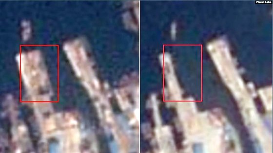 北朝鮮の通川港にあった下層支持台が１月９日（左）には見られたが、５月３日（右）には跡形もなくなっている。［写真　プラネットラボ］
