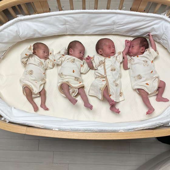 左側から四つ子の長女・理知（リジ）、次女・禄施（ロクシ）、長男・備前（ビジョン）、三女・説録（ソロク）。両親のソン・リウォンさんとチャ・ジヘさんはそれぞれ格別の意味をこめて名前を付けた。［写真　ＳＫオン］