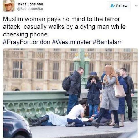 ２０１６年３月２２日、５人が死亡したロンドン同時多発テロ後、ヒジャブを被って携帯電話を手にした女性が橋を歩く様子がロシアのボットアカウントを中心にツイッターなどのソーシャルメディアに拡散された。これは、英国社会にムスリム嫌悪感情を広めようとするロシアの影響力工作の事例として挙げられる。［写真　ツイッター　キャプチャー］