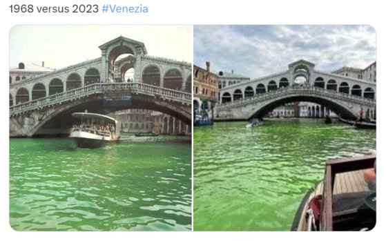 １９６８年にアルゼンチンの芸術家が環境問題に警鐘を鳴らすためにベネチアの運河を緑色に染める抗議行動をした（左の写真）。右の写真は２８日のベネチアの運河。　［ツイッター　キャプチャー］