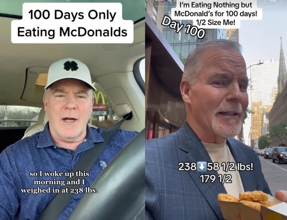 「１００日間マクドナルドの食事しか取らない」チャレンジに挑戦したケヴィン・マギニスさんの挑戦初日（左）と最終日（右）の様子。［写真　マギニスさんのＴｉｋＴｏｋ＝聯合ニュース］