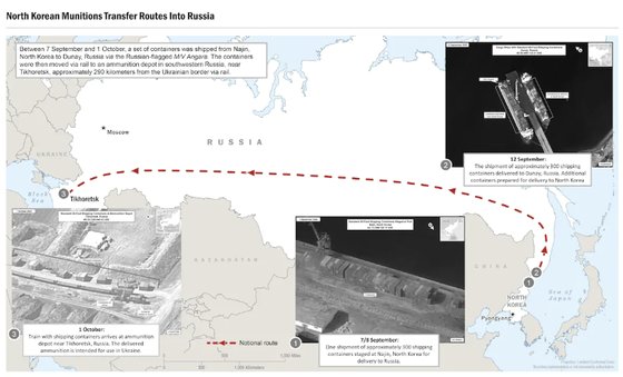 米ホワイトハウスが１０月１３日（現地時間）に公開した、北朝鮮がロシアに弾薬を供与する経路　［米ホワイトハウス］