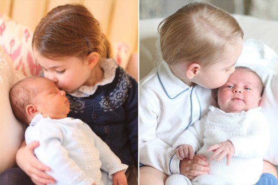英国ウィリアム皇太子妃の子供たちの赤ちゃん時代。左は第二子のシャーロット王女が第三子のルイ王子を、右の写真は長男ジョージ王子がシャーロット王女の額にキスをする姿。［写真　ケンジントン宮殿］