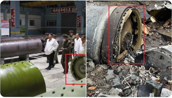 北朝鮮版イスカンデルと推定される武器（左側）とウクライナで見つかったミサイルの残骸（右側）。［Ｘ　キャプチャー］