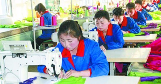 北朝鮮の勤労者が北朝鮮の羅先経済特区内の先鋒被服工場で輸出衣類を製造している。　［中央フォト］