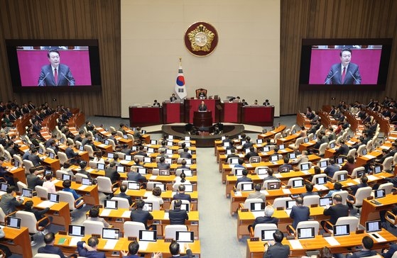 尹錫悦大統領が昨年１０月に国会で施政方針演説をしている。［写真　国会写真記者団］