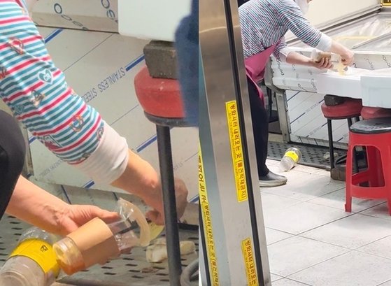 アイス飲料カップにあった氷を再使用する商人の姿。［オンラインコミュニティ　キャプチャー］