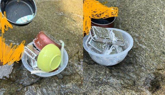 国立公園の渓谷で高齢者が洗剤を使って皿洗いをしている様子。［写真　オンラインコミュニティ　キャプチャー］
