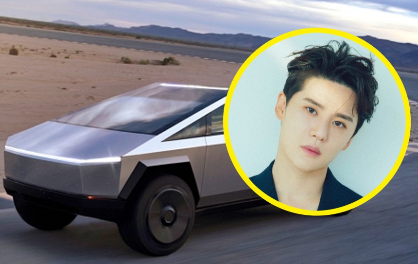 テスラ（Ｔｅｓｌａ）が公開した電気ピックアップトラック「サイバートラック（Ｃｙｂｅｒｔｒｕｃｋ）」と歌手キム・ジュンス。［写真　テスラ、ＰＡＬＭＴＲＥＥ　ＩＳＬＡＮＤ］