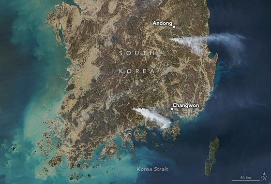   韓国の山火事発生状況が写る衛星写真［聯合ニュース］