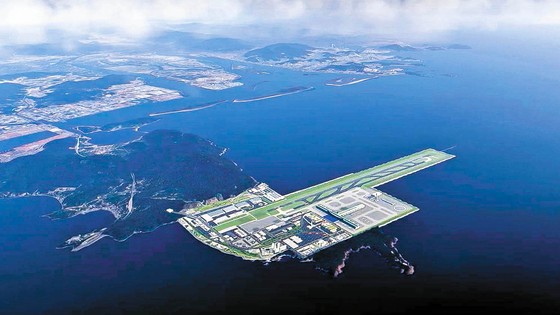 釜山市江西区加徳島一円に建設される予定の加徳島新空港鳥瞰図。［写真　釜山市］