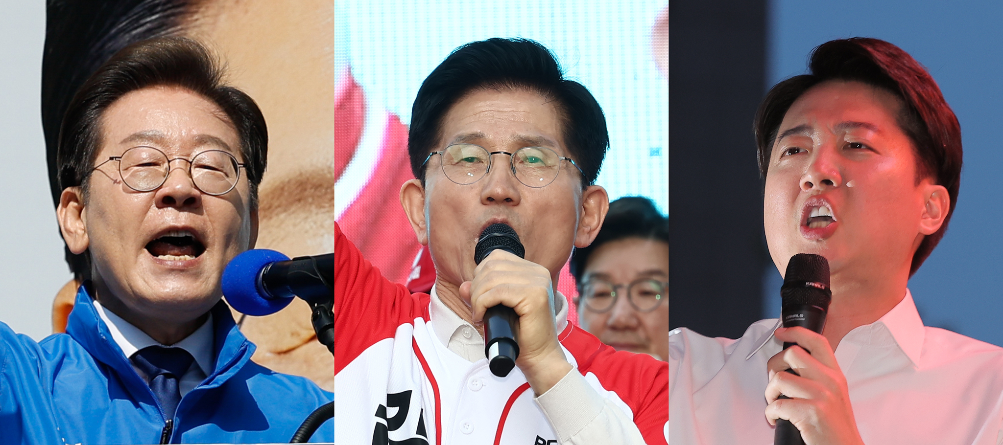 共に民主党の李在明（イ・ジェミョン）候補、国民の力の金文洙（キム・ムンス）候補、改革新党の李俊錫（イ・ジュンソク）候補が、公式選挙運動が始まった１２日、それぞれソウル清渓（チョンゲ）広場、大邱西門（テグ・ソムン）市場、ソウル清渓広場で支持を訴えている。　［写真　ニュース１］