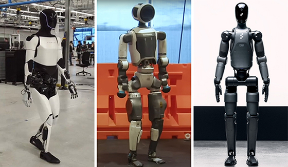 左からテスラの第２世代「オプティマス」、ボストン・ダイナミクスの「アトラス」、フィギュアＡＩのロボット。［写真　Ｘキャプチャー、ユーチューブキャプチャー、フィギュアＡＩ］