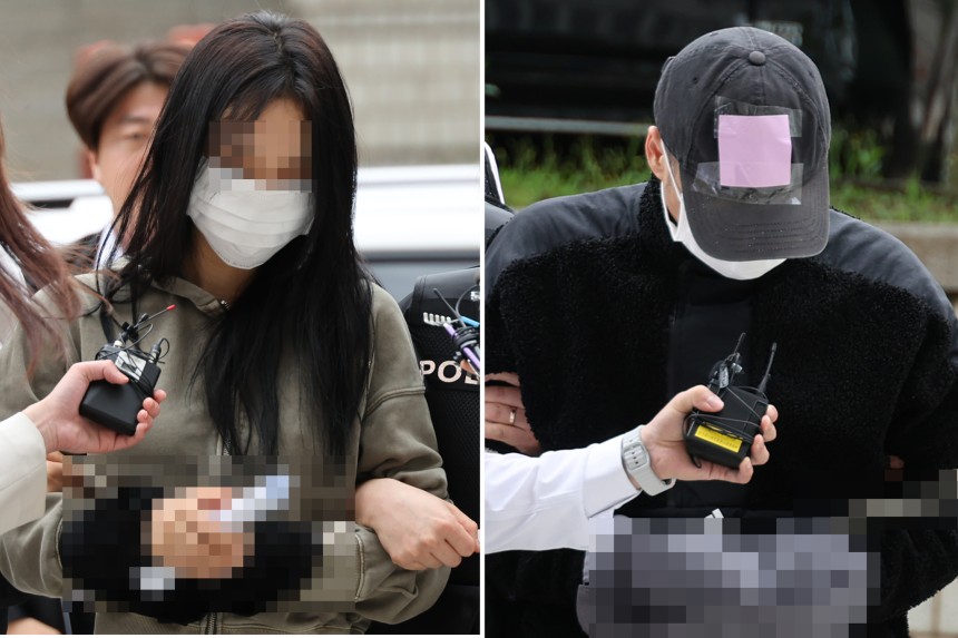 サッカー韓国代表チームのキャプテン孫興慜の子どもを妊娠したと主張して孫さんからお金をだまし取ろうとした２０代の女（左）と４０代の男が１７日、令状実質審査を受けるためソウル中央地裁に入っている。［写真　聯合ニュース］