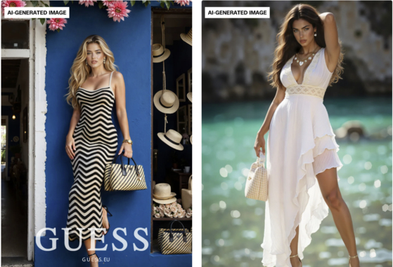 ファッション誌『ヴォーグ』に掲載されたファッションブランド「Ｇｕｅｓｓ」のＡＩモデル。［ＣＮＮホームページ　キャプチャー］