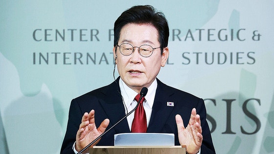 韓国の李在明（イ・ジェミョン）大統領が２５日（現地時間）、米国ワシントンＤ．Ｃ．国際戦略問題研究所（ＣＳＩＳ）で政策演説を行っている。［写真　聯合ニュース］