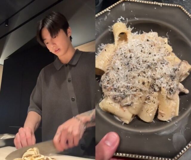   料理をするBTSジョングクと出来上がりのパスタ ［写真 sns］