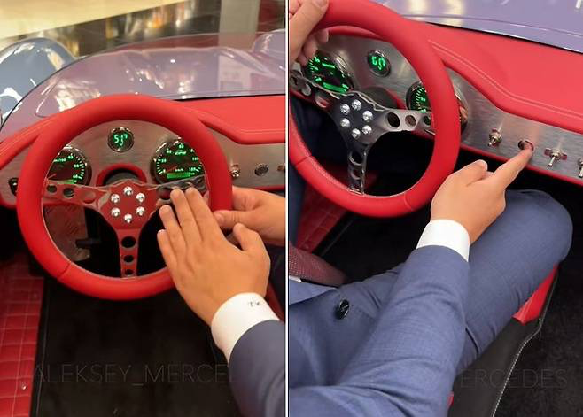   「SL300」を縮小した子ども用電動スポーツカーの内部。［ティックトック　キャプチャー］