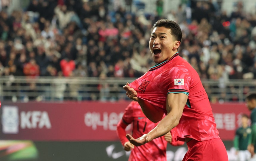 14日、大田W杯競技場で行われたボリビア戦でゴールを決めて喜ぶ趙圭誠（チョ・ギュソン） ［聯合ニュース］