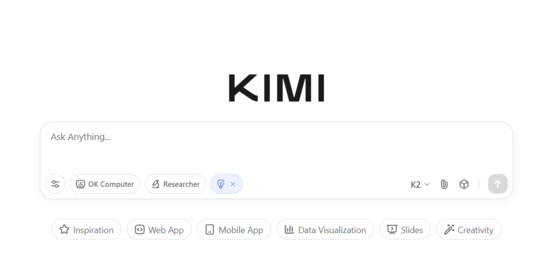 中国AIスタートアップのムーンショットAIが6日に公開した大型言語モデル（LLM）Kimi K2 Thinkingを基盤に提供するAIチャットボットサービス。［写真 KIMIホームページキャプチャー］