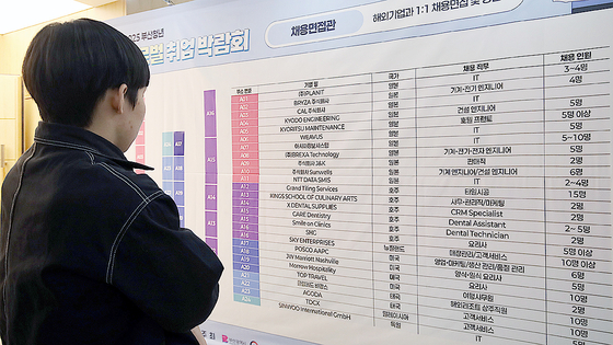 先月10日に釜山市庁で開かれた釜山青年グローバル就業博覧会で求職者が採用情報を調べている。［写真 ニュース1］