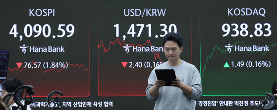 15日午後、ソウルのハナ銀行ディーリングルームのモニターにKOSPI指数が前営業日比1．84％下落した4090．59が表示されている。［写真 ニュース1］