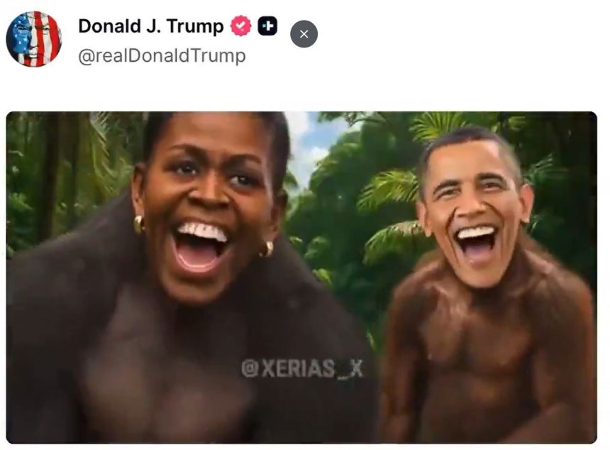   ドナルド・トランプ米大統領のトゥルース・ソーシャルに投稿されたバラク・オバマ元大統領に対する嘲笑動画。［写真 SNS］