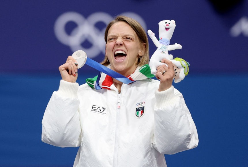 女子500メートルで銀メダルを獲得したイタリアのアリアンナ・フォンタナ。ロイター＝聯合ニュース