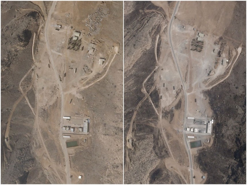 昨年6月に米軍の爆撃が行われたイラン・シーラーズ南部のミサイル基地の再建前（2025年7月3日撮影、右）と再建および整備作業後（2026年1月30日撮影、左）の様子。［ロイター＝聯合ニュース］