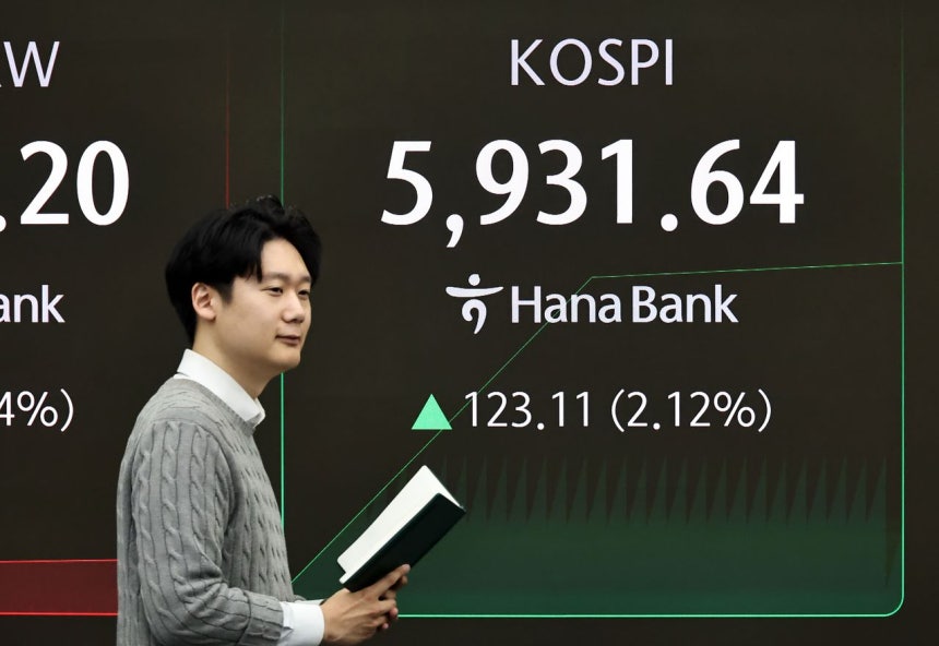 23日、ハナ銀行のディーリングルームのモニターにKOSPI指数などが表示されている。この日KOSPIは前営業日比1．63％上がった5903．11、KOSDAQは1．12％上がった1166．94で寄り付いた。［写真 聯合ニュース］