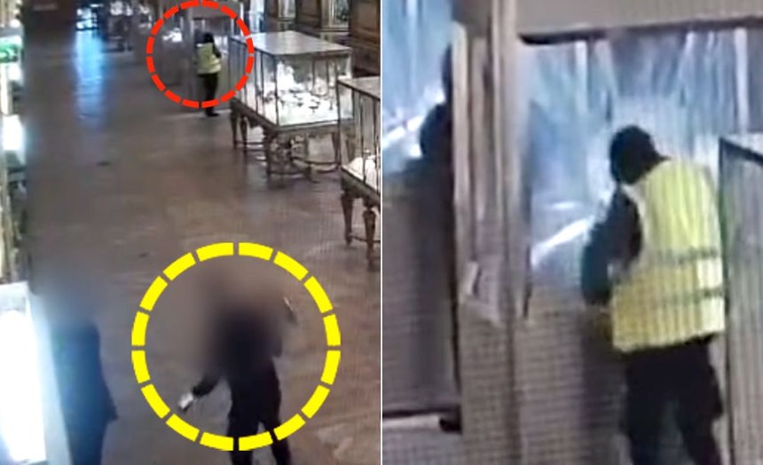 ルーブル美術館に侵入した窃盗犯と警備員の姿［写真 TF1が公開した内部防犯カメラの映像キャプチャー］