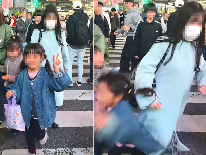   女の子を故意に突き飛ばして通り過ぎる一人の女性の姿。［写真 SNS キャプチャー］