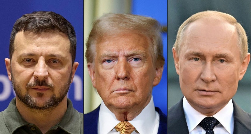 左からウォロディミル・ゼレンスキー・ウクライナ大統領、ドナルド・トランプ米大統領、ウラジーミル・プーチン・ロシア大統領。［AFP＝聯合ニュース］