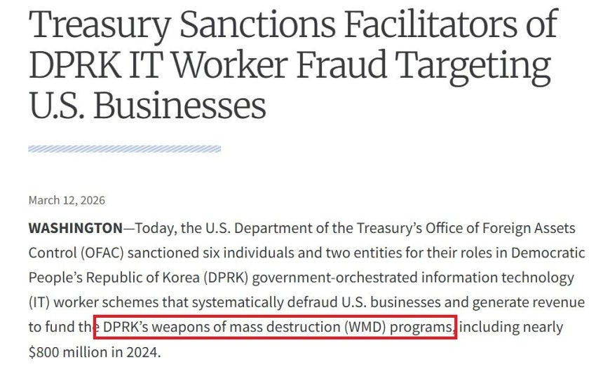 米財務省は12日（現地時間）、米国企業などに不法就業してIT技術を不正取得し、莫大な資金を北朝鮮に送金した疑いに関与した個人6人と機関2カ所を追加の対北制裁対象に指定した。［米財務省ホームページ］