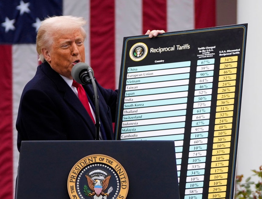 トランプ米大統領が昨年4月にホワイトハウスで全世界を対象にした相互関税表を見せている。［写真 AP＝聯合ニュース］