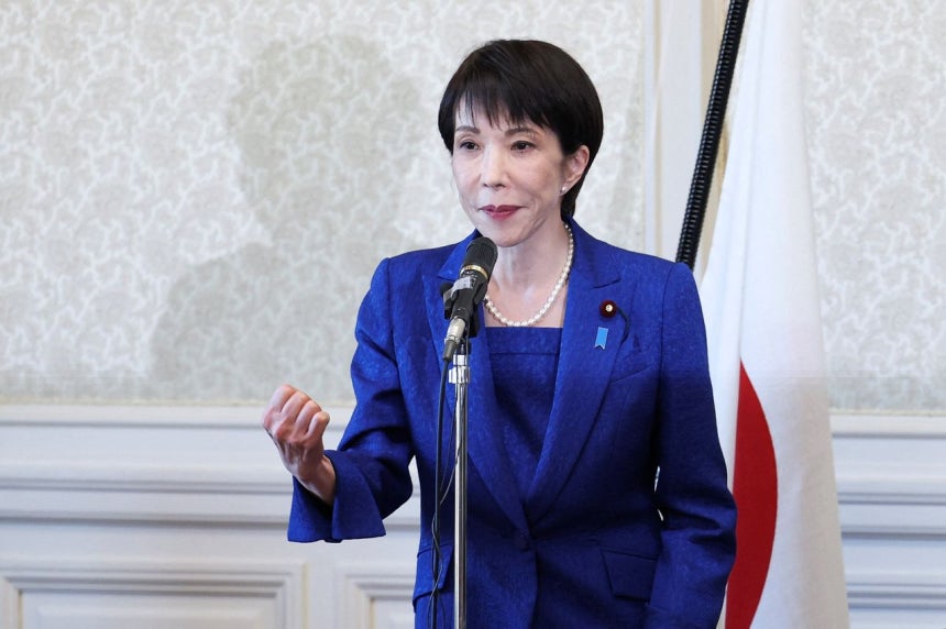 高市首相が1月23日の自民党議員総会で発言している。［写真 ロイター＝聯合ニュース］