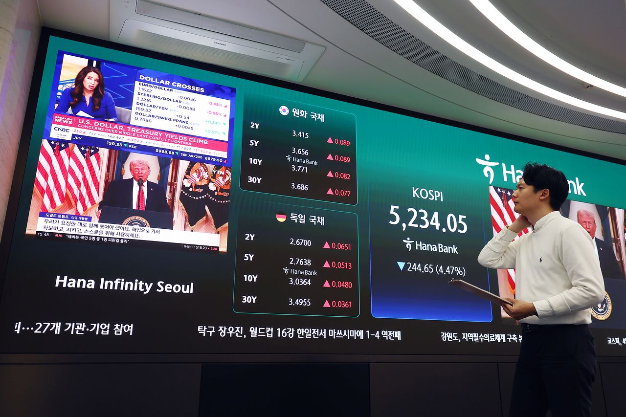 2日午後、ソウル中区（チュング）のハナ銀行ディーリングルームで、あるディーラーがドナルド・トランプ米大統領の対国民演説を伝えるニュースを見ている。この日、韓国総合株価指数（KOSPI）は前営業日（5478.70）より244.65ポイント（4.47％）下落した5234.05で取引を終えた。［ニュース1］