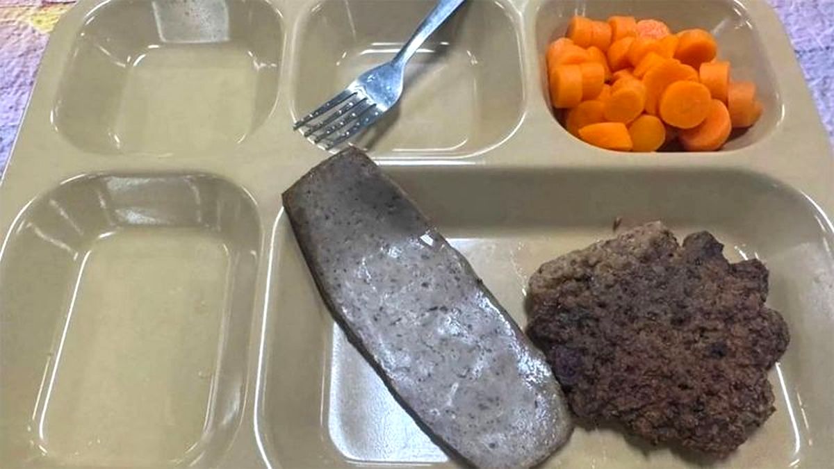 米軍将兵に提供された食事。トレイにはひき肉のパテと正体不明の薄っぺらい加工肉、カットニンジンだけが盛り付けられている。［写真 X（旧ツイッター）キャプチャー］