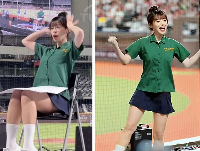   台湾の名門女子高校の制服風衣装を着て応援するチアリーダーのイ・ダヘ。［SNS キャプチャー］