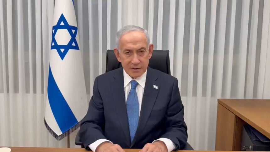 3月24日（現地時間）、イスラエルのベンヤミン・ネタニヤフ首相の国民向け演説動画。［写真 X（旧ツイッター） キャプチャー］