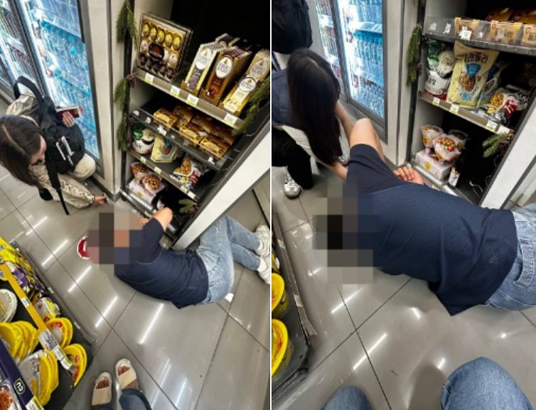   床に落ちたイヤホンを探す仁川（インチョン）空港内のコンビニ店員。［Threads キャプチャー］