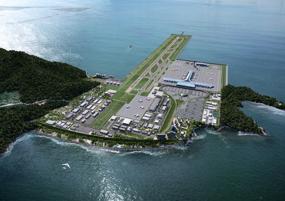年内着工を目標に事業が進められている釜山（プサン）・加徳島（カドクド）新空港の用地造成工事は、中東情勢の長期化に伴う工事費の急騰で支障が懸念されている。写真は新空港の俯瞰図。聯合ニュース