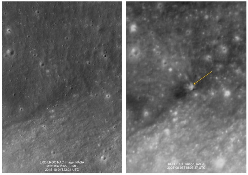 衝突前にLRO（月探査周回機）が撮影した月面写真（左）と、タヌリが撮影したファルコン9の衝突写真（右）。［写真 NASA・宇宙航空庁・韓国航空宇宙研究院］