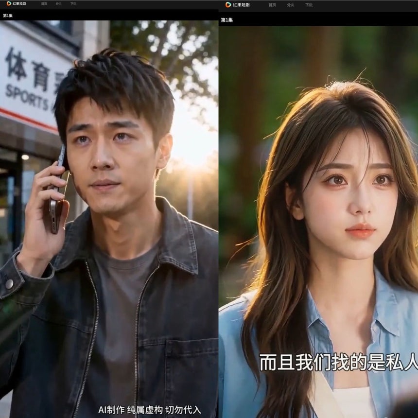 ショートドラマプラットフォーム「紅果」に掲載された人工知能（AI）制作ドラマの一場面。［写真 紅果キャプチャー］