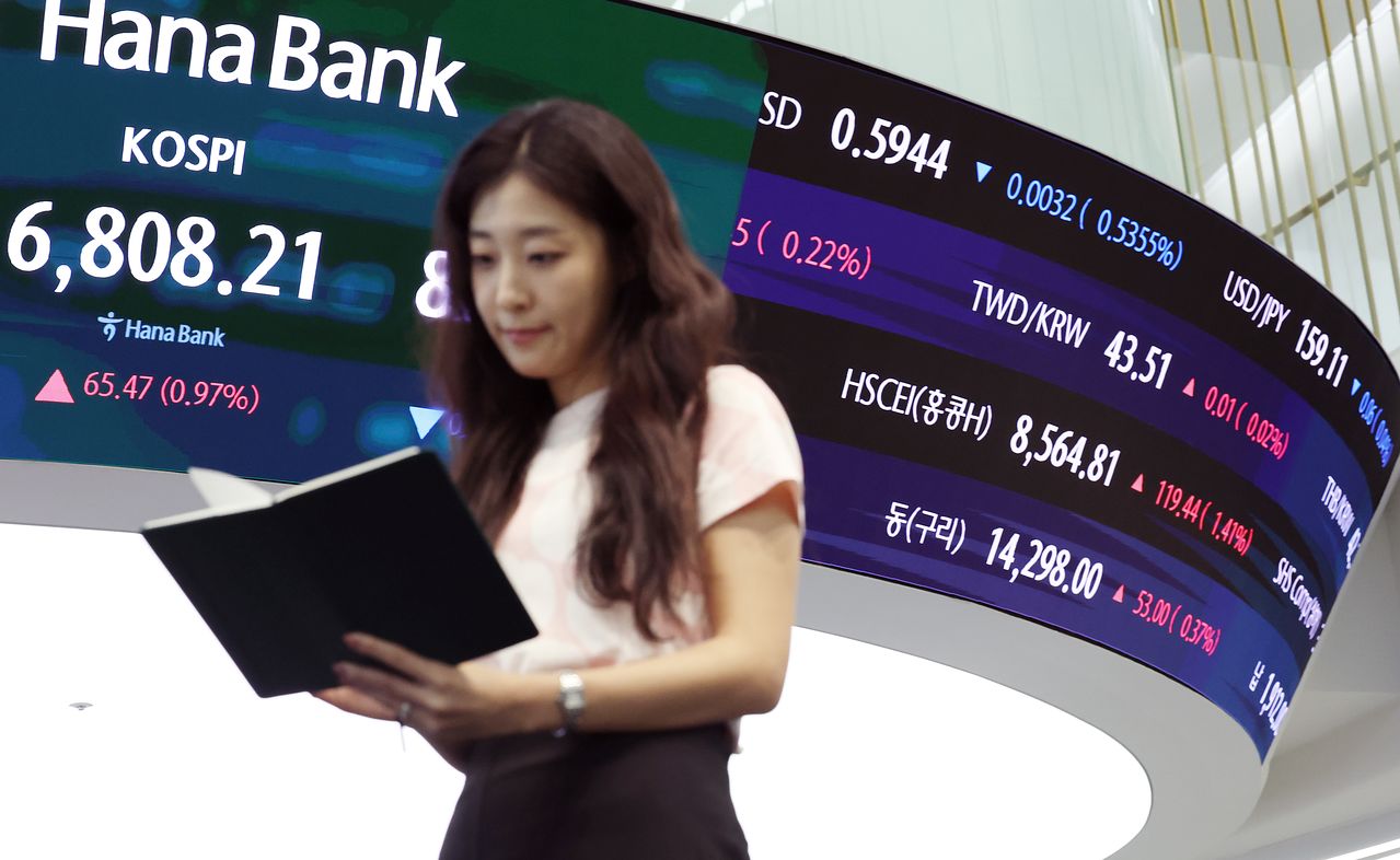 26日午後、ソウルのハナ銀行本店ディーリングルームのモンターにKOSPIなどの終値が表示されている。［写真 ニュース1］