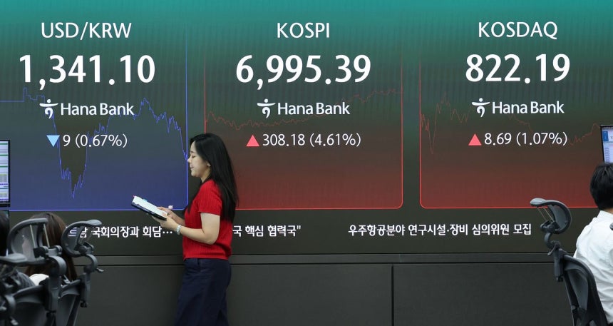 7日午後、ソウルのハナ銀行本店ディーリングルームのモニターにKOSPIなどの終値が表示されている。［写真 ニュース1］