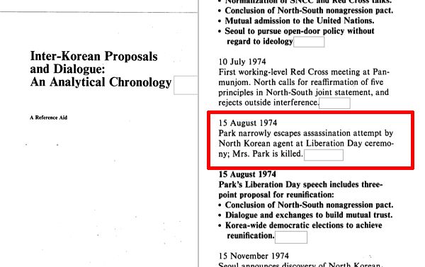 米中央情報局（CIA）情報局傘下の東アジア分析室が1985年5月に作成した文書「南北朝鮮の提案と対話：分析年表」。文書13ページでCIAは1974年8月15日の事件について「朴正熙大統領は光復節記念式典で北朝鮮工作員による暗殺の試みをかろうじて逃れ、陸英修夫人は死亡した」と記述している。［写真 裵賢鎮（ペ・ヒョンジン）国民の力議員室］