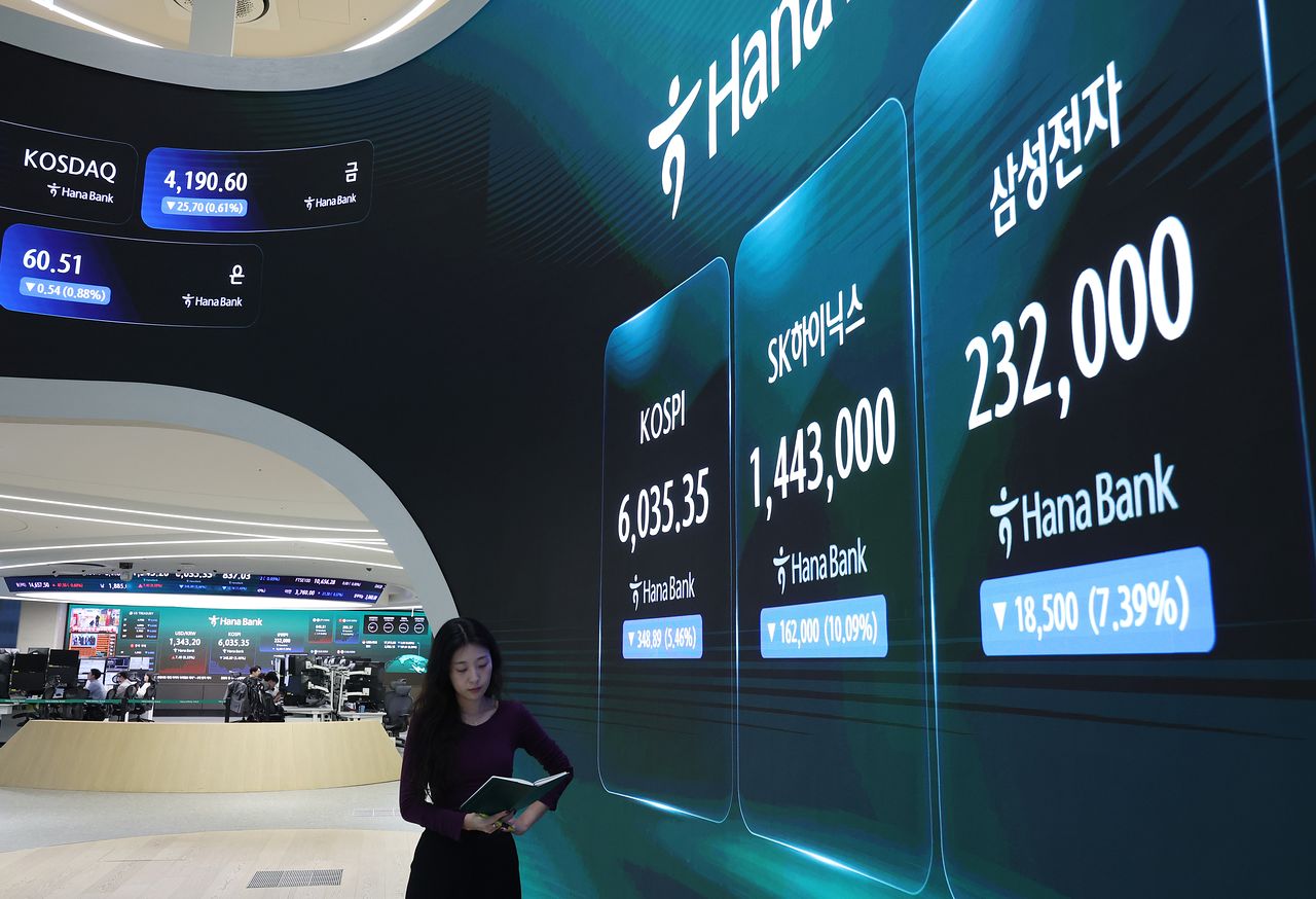 13日、ソウルのハナ銀行ディーリングルームのモニターにKOSPI、サムスン電子とハイニックスの株価が表示されている。［写真 聯合ニュース］