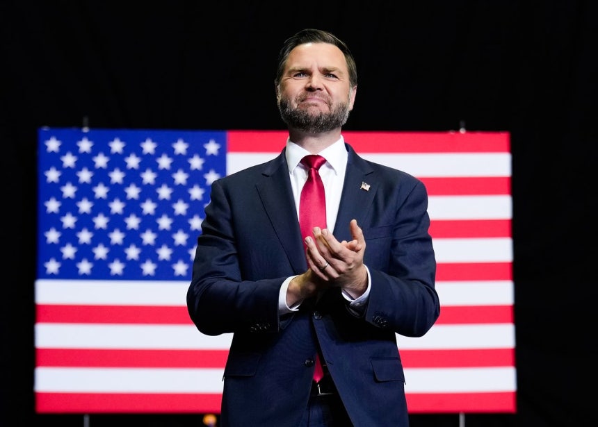 バンス米副大統領が15日にミシガン州モンローで開かれた中間選挙遊説で演説している。［写真 AP＝聯合ニュース］